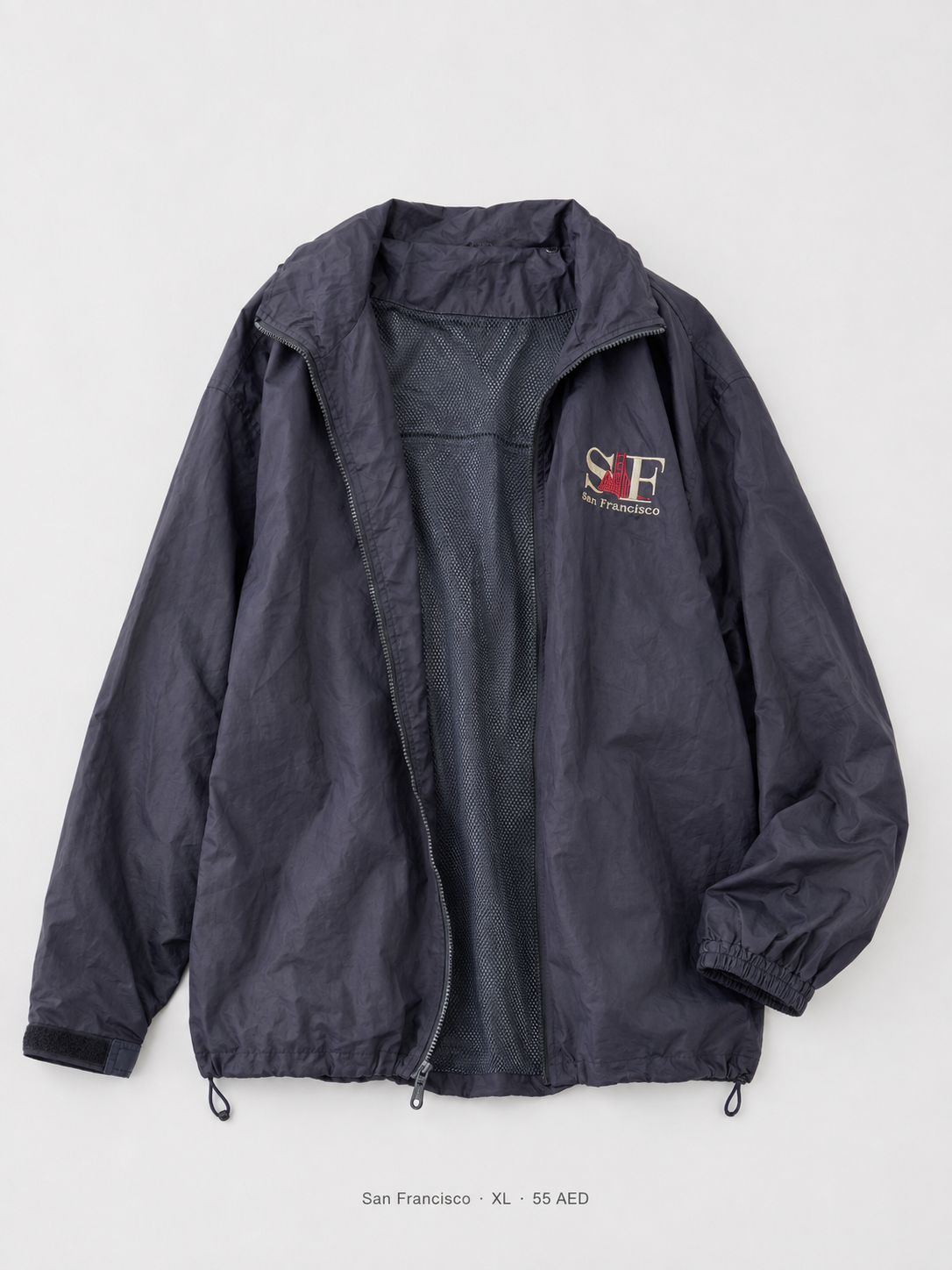San Francisco Windbreaker Jacket – XL, deep navy with embroidered SF logo and mesh lining