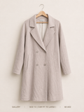 Gallery Double-Breasted Longline Coat – Size 12 Fits Large, soft oatmeal with wide notched lapel and welt pockets