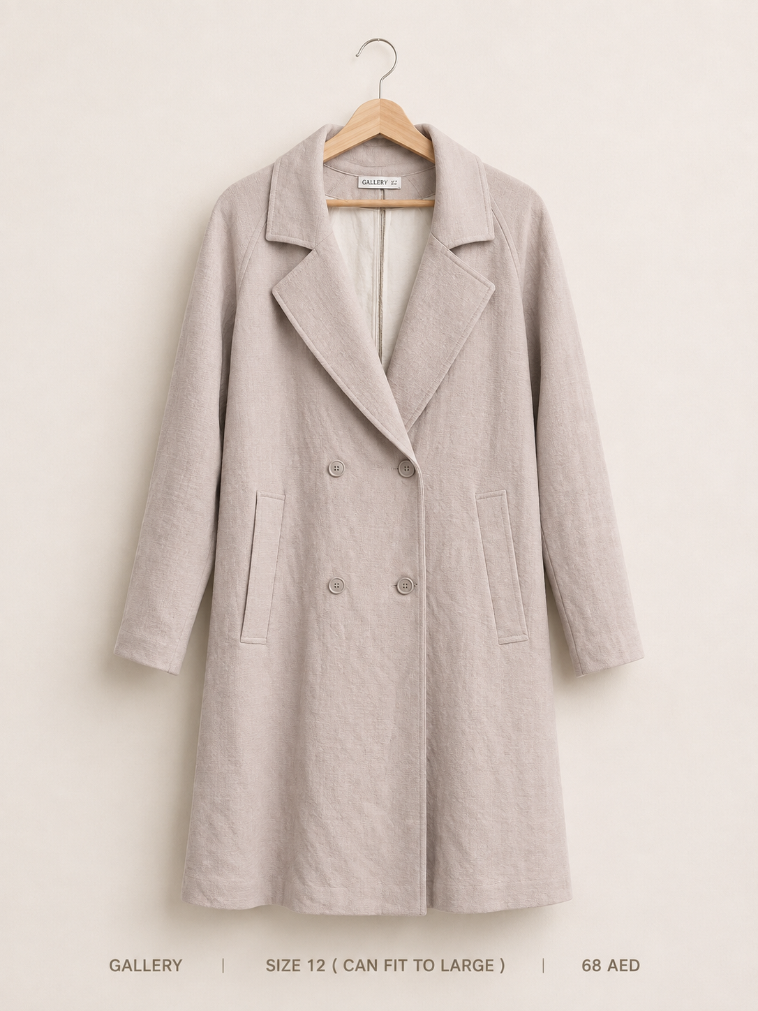 Gallery Double-Breasted Longline Coat – Size 12 Fits Large, soft oatmeal with wide notched lapel and welt pockets