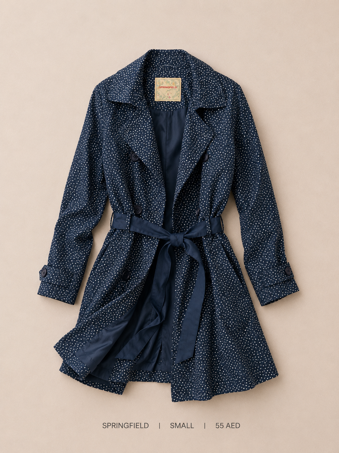 Springfield Polka Dot Belted Trench Coat – Small, deep navy with white polka dots and self-tie waist belt