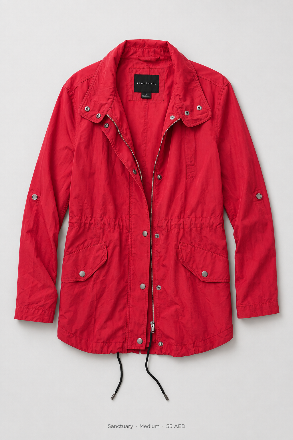 Sanctuary Utility Jacket – Red – Medium, cherry red with drawstring waist and cargo pockets