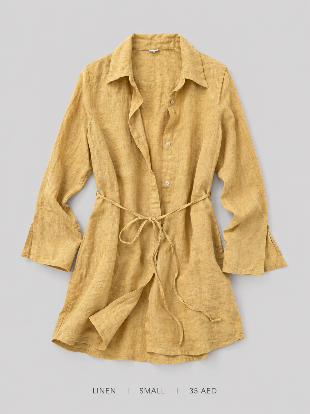 Linen Belted Shirt Dress – Small, warm mustard yellow with self-tie waist cord and flared cuffs