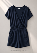 Ichi deep navy wrap V-neck romper with short sleeves, size Medium/Large