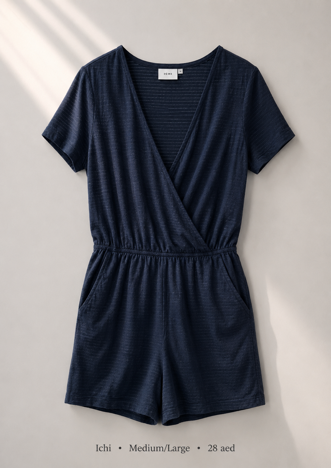 Ichi deep navy wrap V-neck romper with short sleeves, size Medium/Large