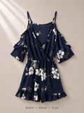 Boohoo navy floral cold-shoulder romper with ruffle sleeves, size Medium
