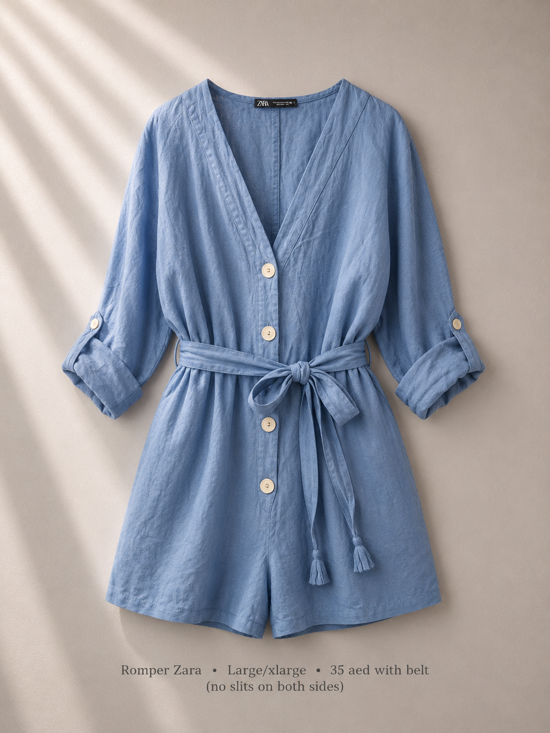Zara powder blue linen button-down romper with tassel belt and roll-tab sleeves, size Large/XLarge