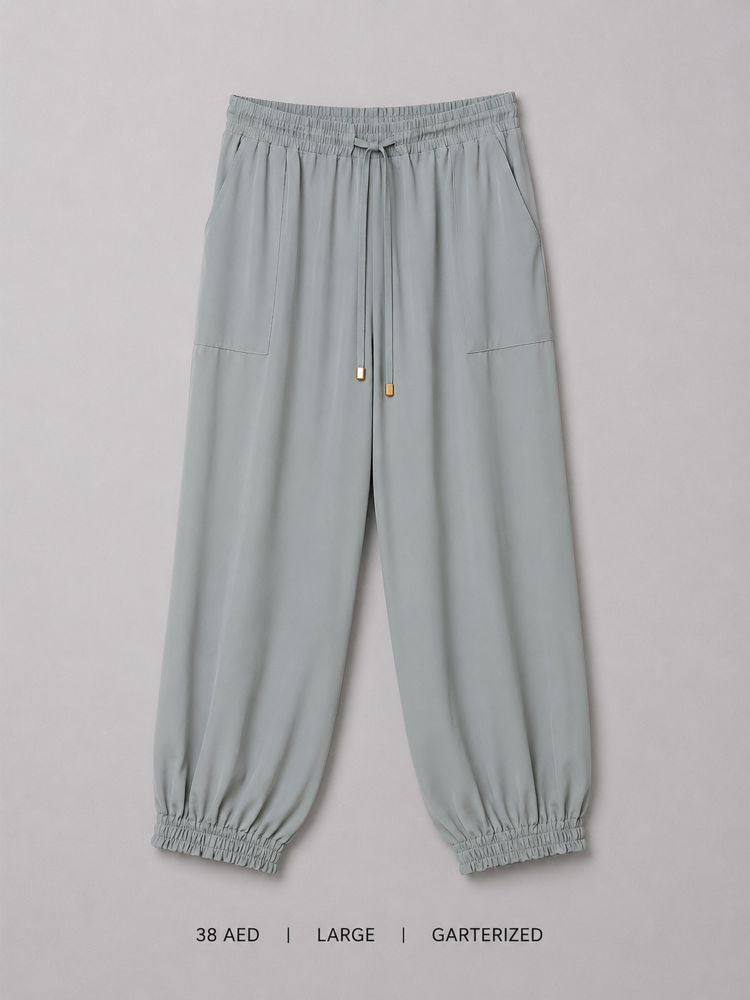 Sage Green Drawstring Jogger Trousers – Large, soft sage with gold-tip drawcord and patch pockets