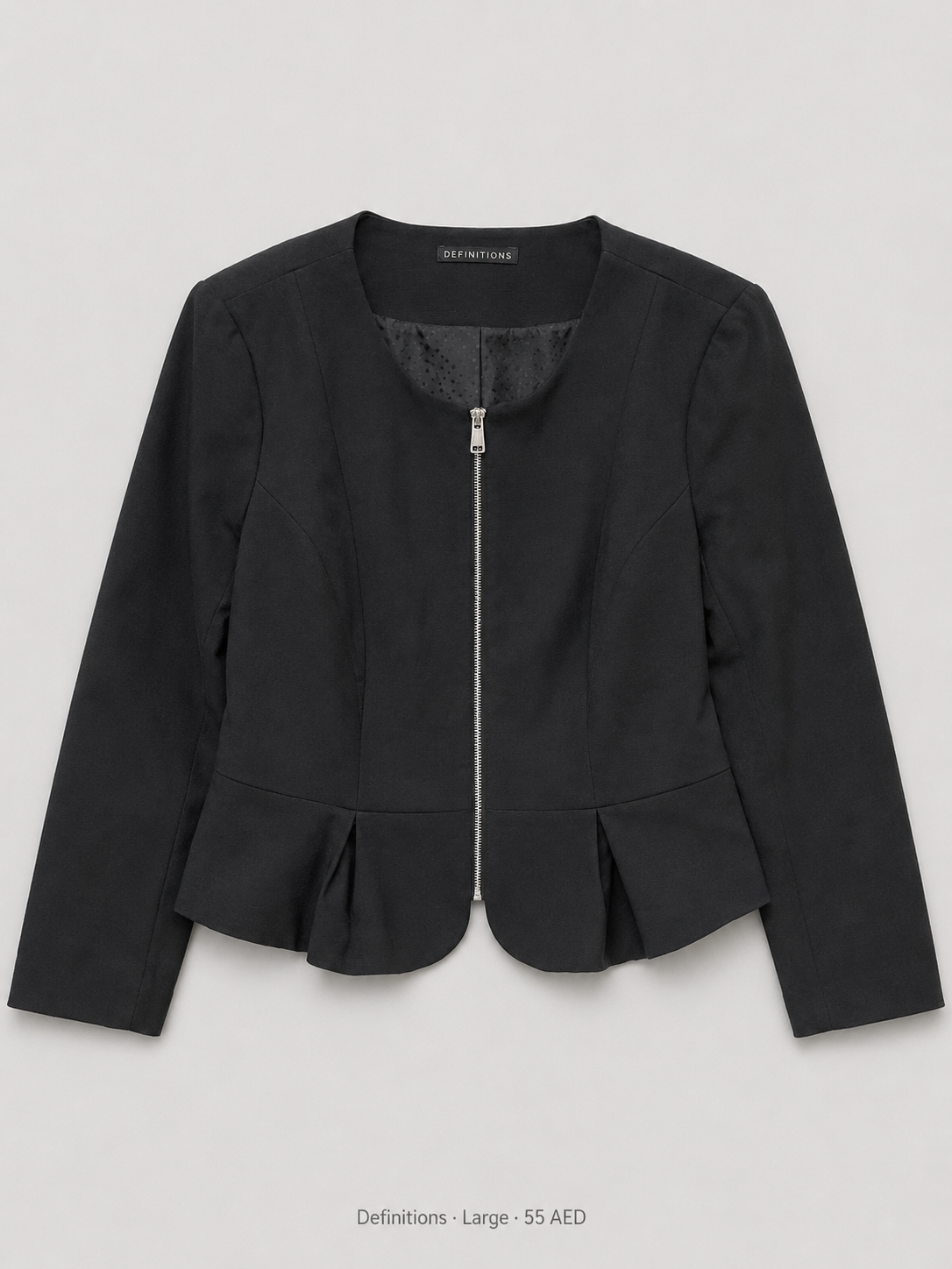 Definitions Peplum Zip Blazer – Large, black collarless zip-front with pleated peplum hem