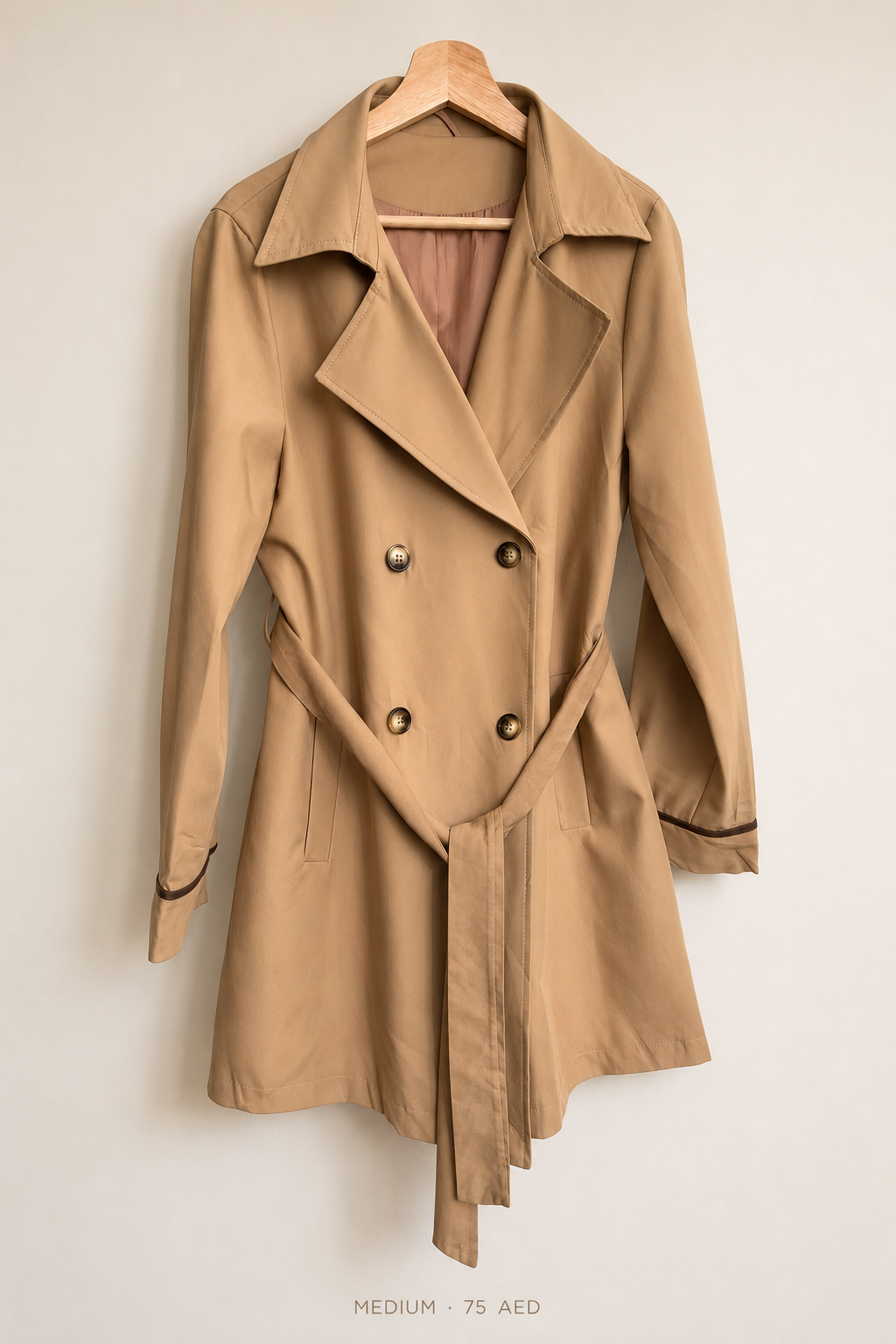 Trench Coat – Medium, camel coloured, double-breasted with belt