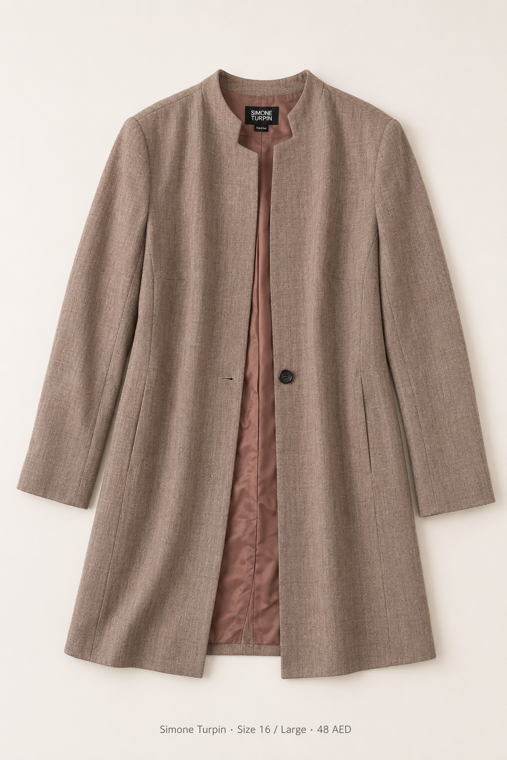 Simone Turpin Coat – Size 16 Large, collarless taupe tweed with blush lining
