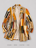 Chic Moda Open-Front Printed Blazer – Medium, patchwork vertical stripe in mustard burnt orange rust olive black and cream
