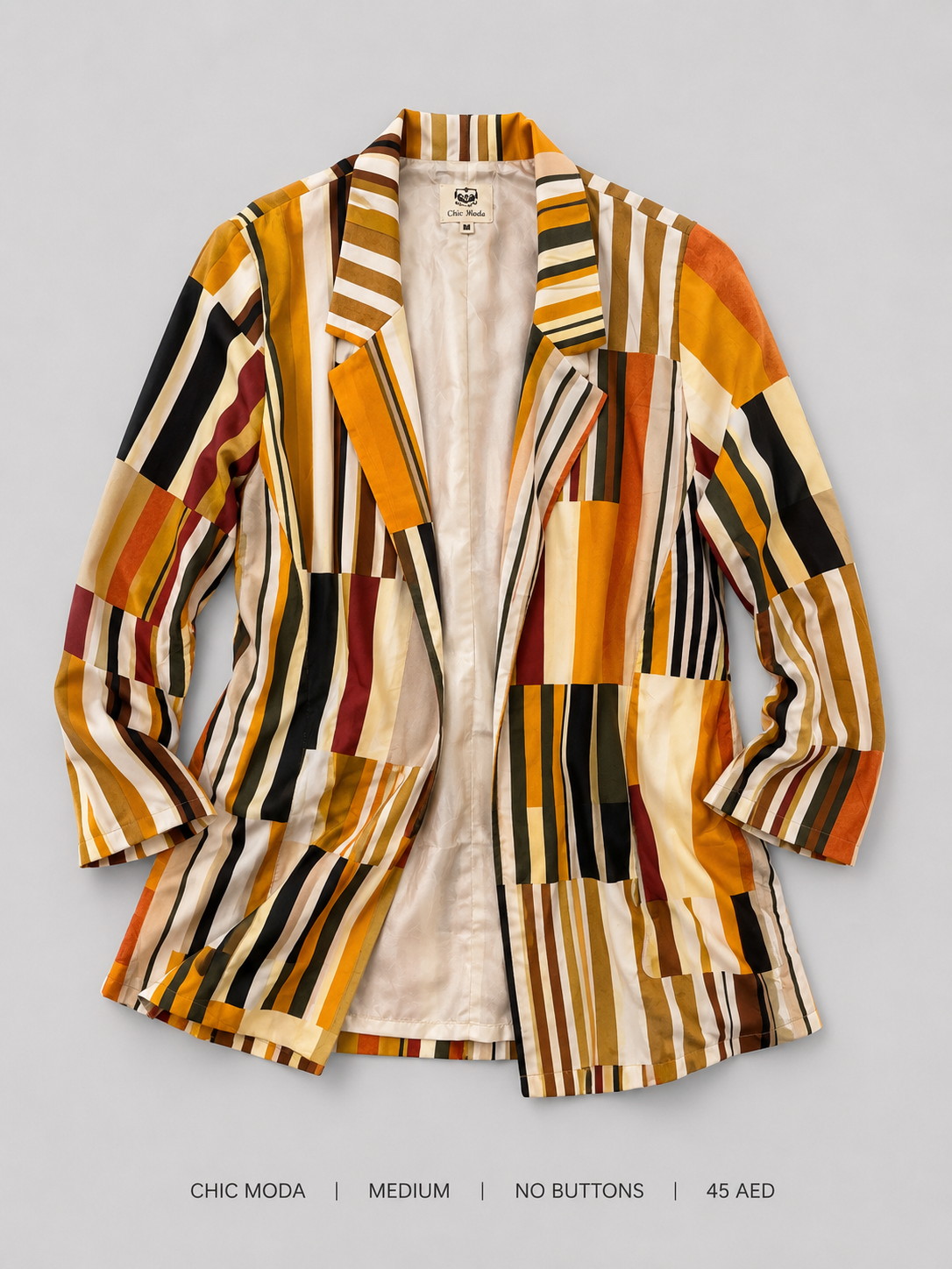 Chic Moda Open-Front Printed Blazer – Medium, patchwork vertical stripe in mustard burnt orange rust olive black and cream