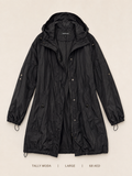 Tally Moda Hooded Longline Windbreaker – Large, deep black with funnel neck and drawcord hem