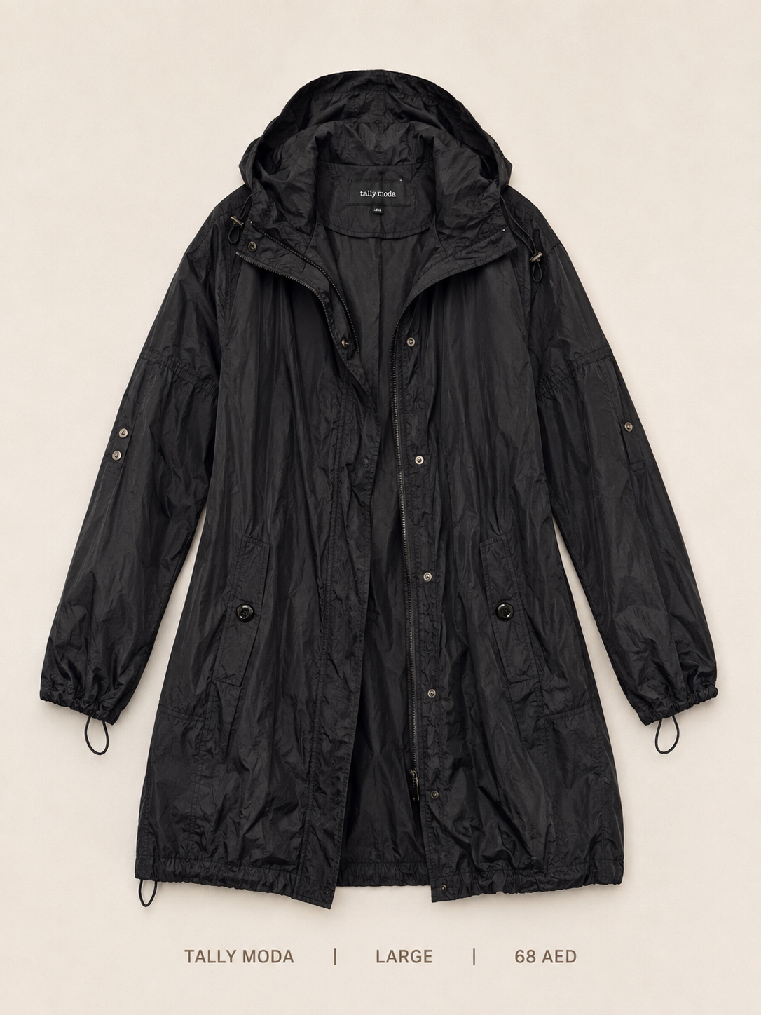 Tally Moda Hooded Longline Windbreaker – Large, deep black with funnel neck and drawcord hem