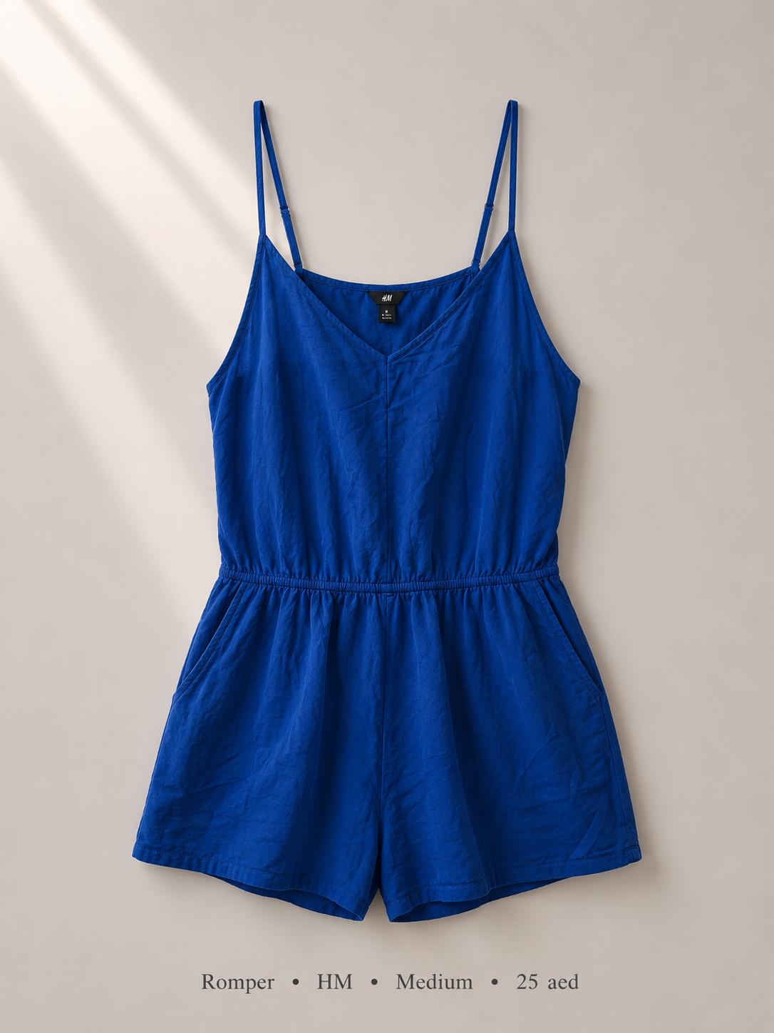 H&M cobalt blue cami romper with V-neck and elasticated waist, size Medium