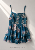 Ally deep teal floral double-tiered peplum romper with square neckline, size Medium/Large