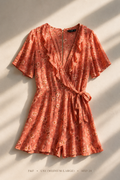 F&F coral ditsy floral ruffle wrap romper with self-tie waist, size US1 Medium/Large
