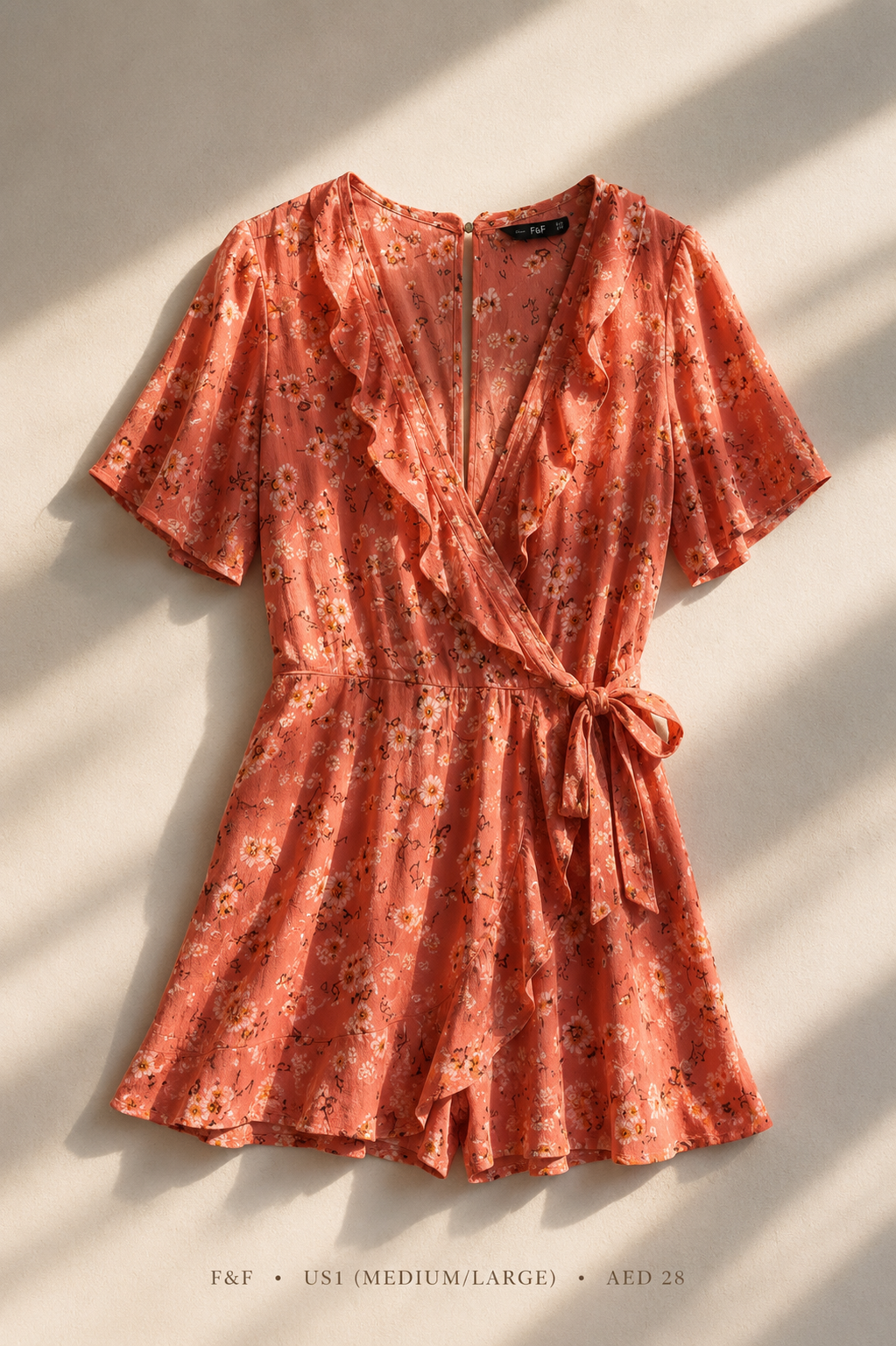 F&F coral ditsy floral ruffle wrap romper with self-tie waist, size US1 Medium/Large