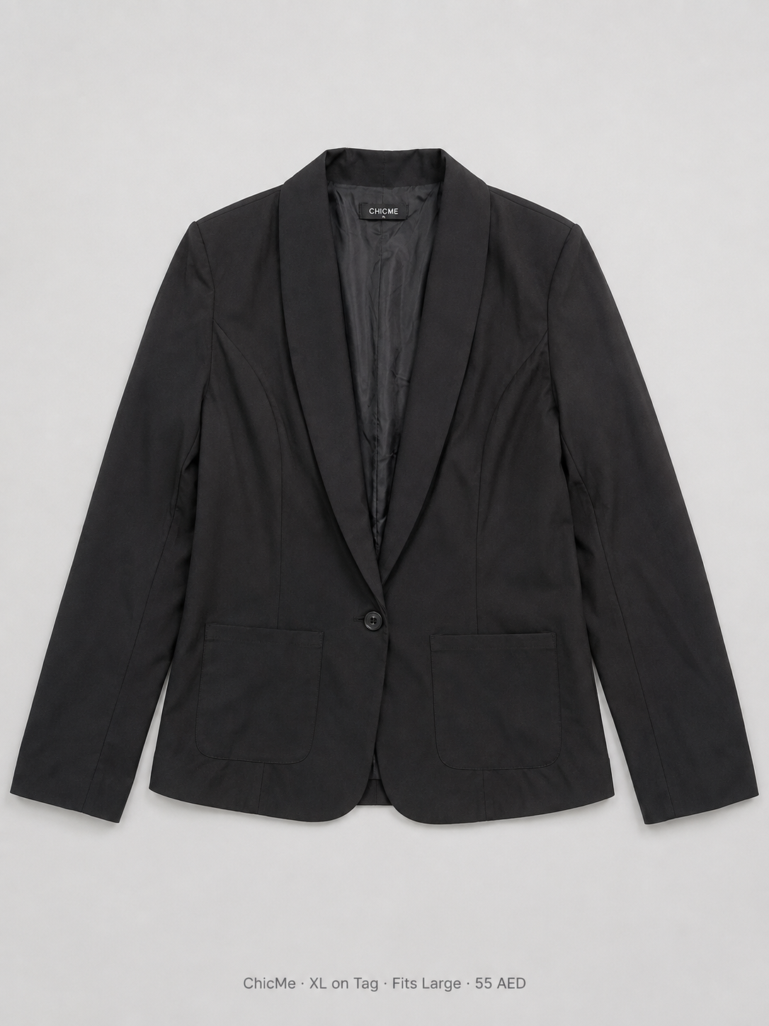ChicMe Single Button Blazer – XL on Tag Fits Large, black shawl lapel with welt pockets