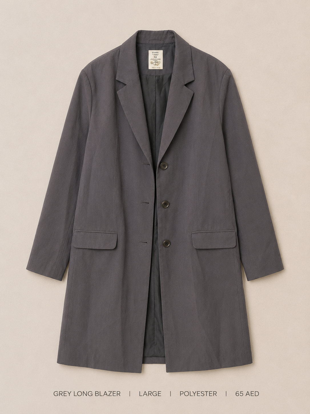 Grey Long Three-Button Blazer – Large, cool charcoal grey longline with wide notched lapel and flap pockets
