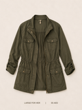 Olive Utility Army Jacket – Large, deep olive with four snap-button flap pockets and elasticated waist