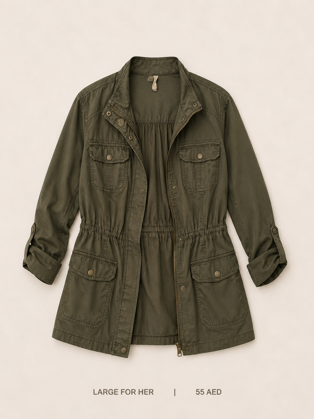 Olive Utility Army Jacket – Large, deep olive with four snap-button flap pockets and elasticated waist