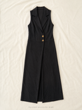 Full-Length Black Blazer, sleeveless with gold-tone buttons and front slit