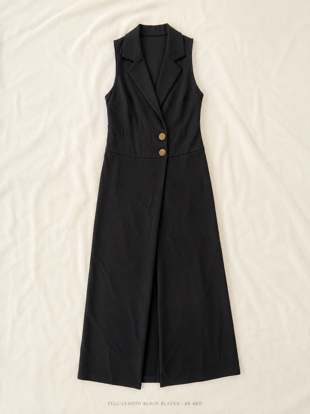 Full-Length Black Blazer, sleeveless with gold-tone buttons and front slit