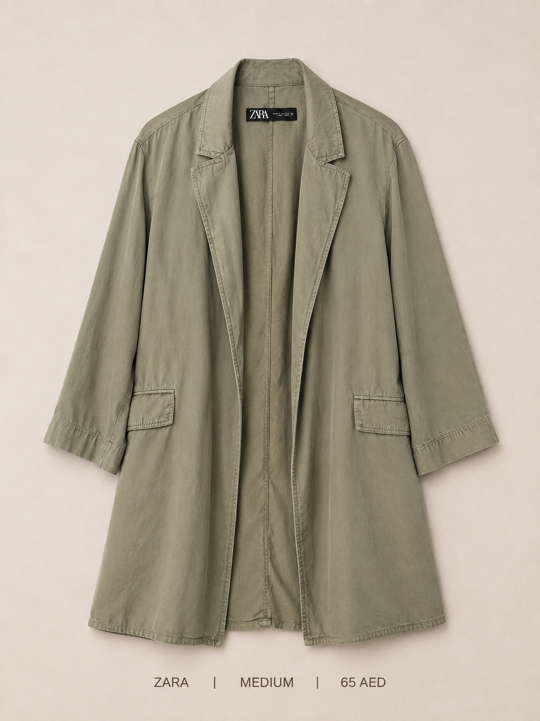 Zara Open-Front Utility Trench Jacket – Medium Sage Green, wide notched lapel with flap pockets and roll-up sleeves