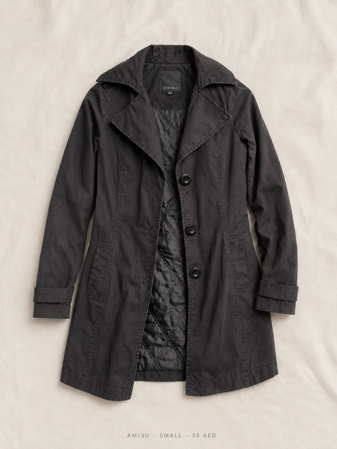 Amisu Trench Coat – Small, charcoal grey single-breasted with quilted lining