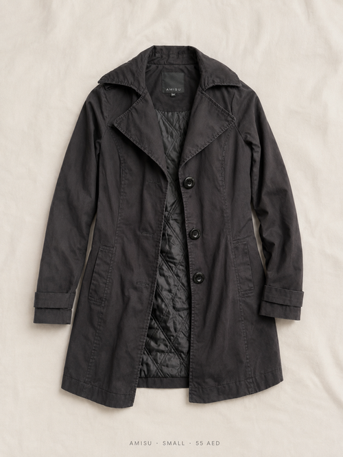 Amisu Trench Coat – Small, charcoal grey single-breasted with quilted lining