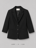 Laurent Three-Button Blazer – XS, black wide notched lapel with welt pockets and satin lining