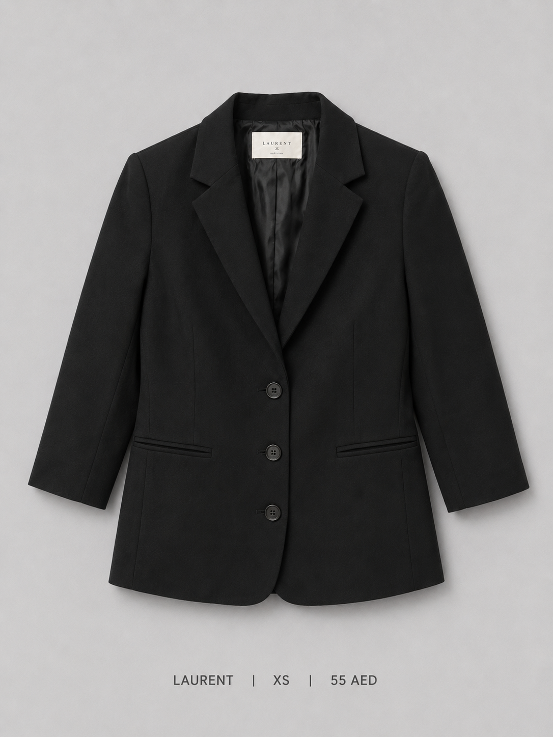 Laurent Three-Button Blazer – XS, black wide notched lapel with welt pockets and satin lining