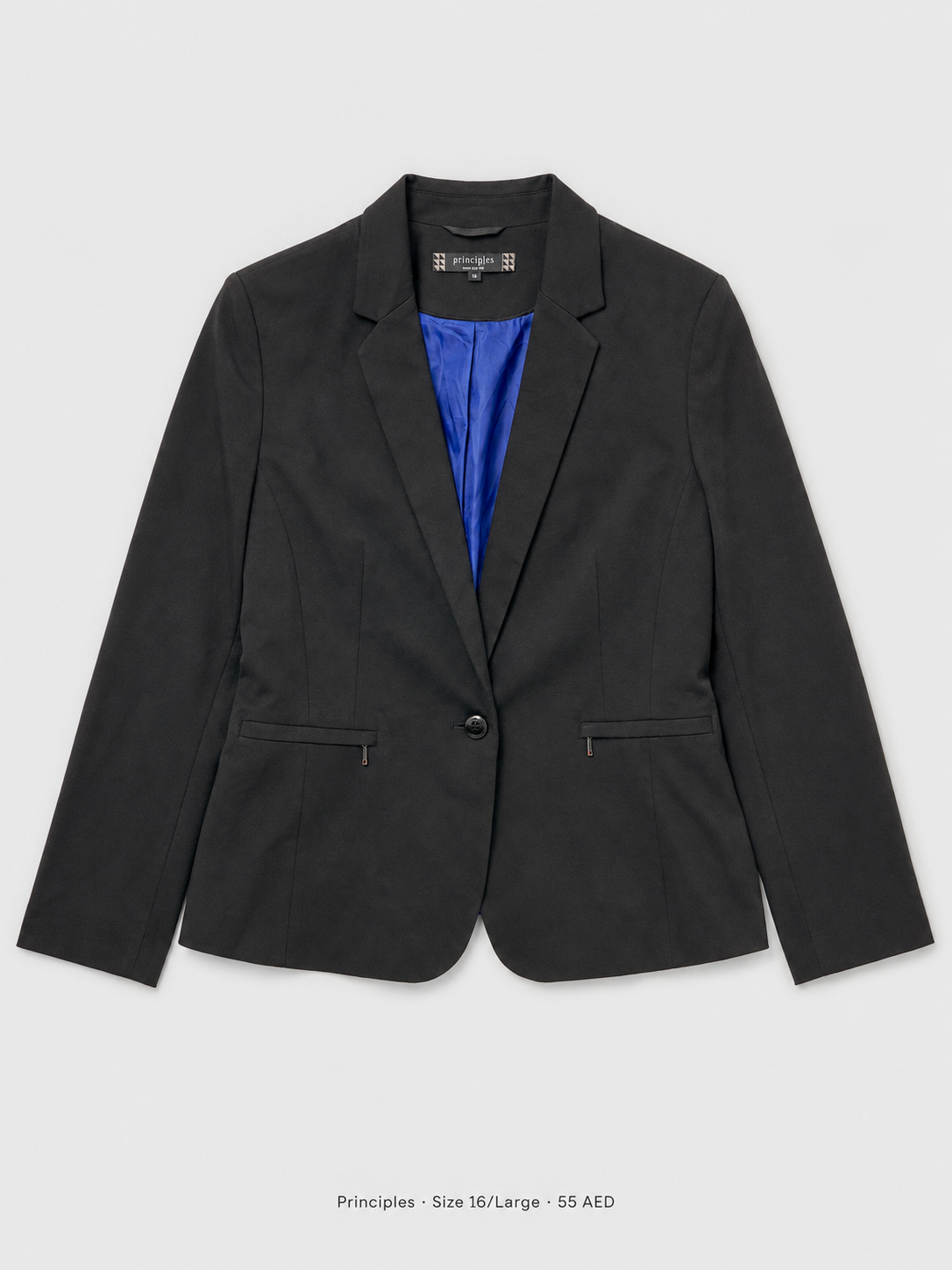 Principles Single Button Blazer – Size 16 Large, black notched lapel with cobalt blue satin lining