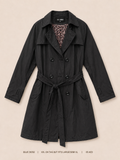 Blue Deise Double-Breasted Belted Trench Coat, deep black with leopard-print satin lining and self-tie belt