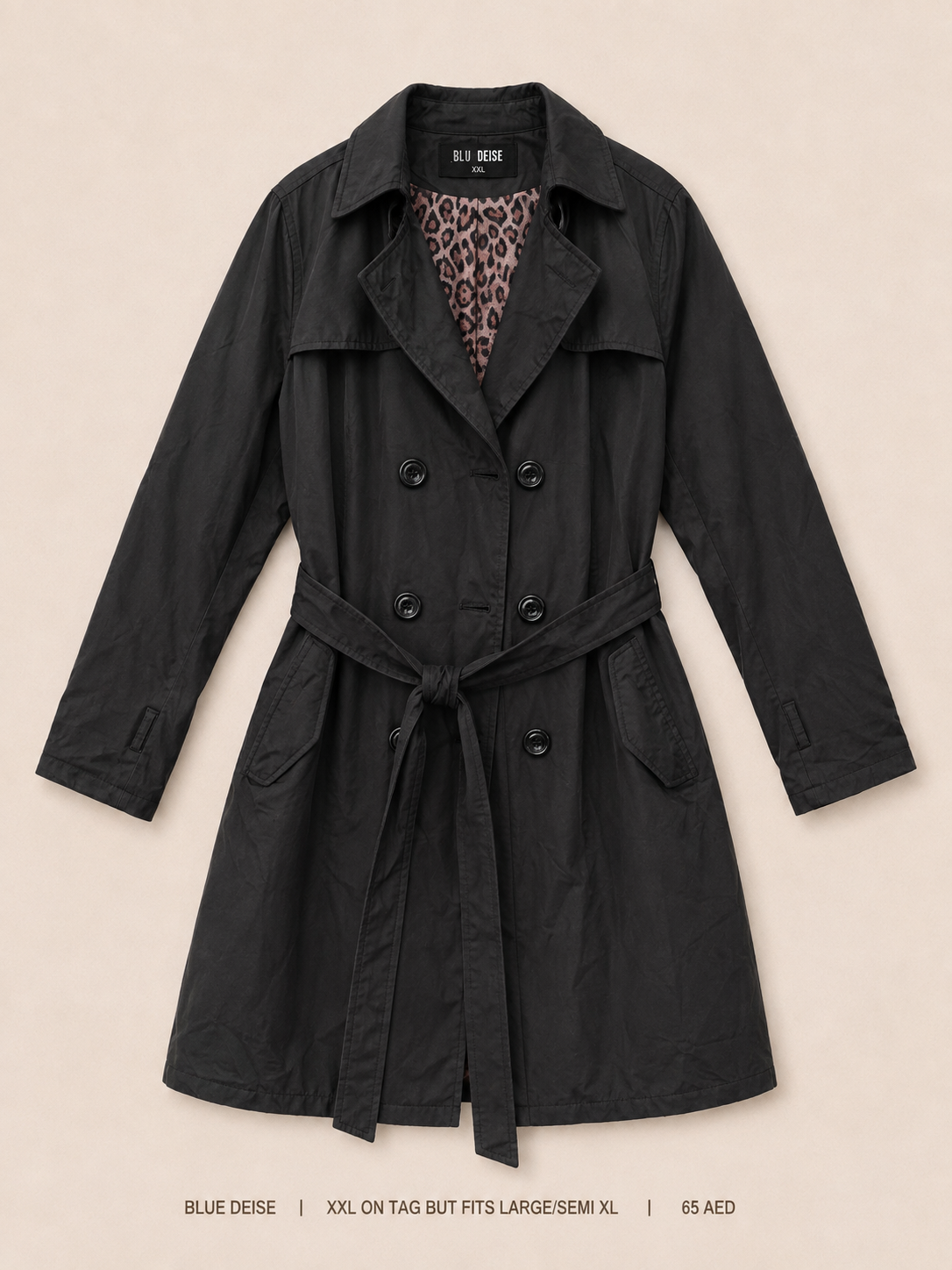 Blue Deise Double-Breasted Belted Trench Coat, deep black with leopard-print satin lining and self-tie belt