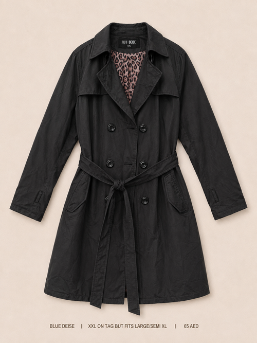 Blue Deise Double-Breasted Belted Trench Coat, deep black with leopard-print satin lining and self-tie belt