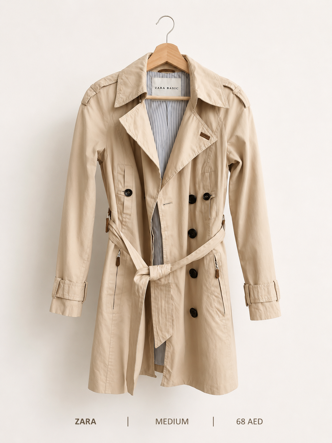 Zara Basic Double-Breasted Belted Trench Coat – Medium, warm camel with epaulettes and stripe lining