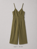 Pinstripe V-Wrap Spaghetti Strap Wide-Leg Jumpsuit in Olive Green