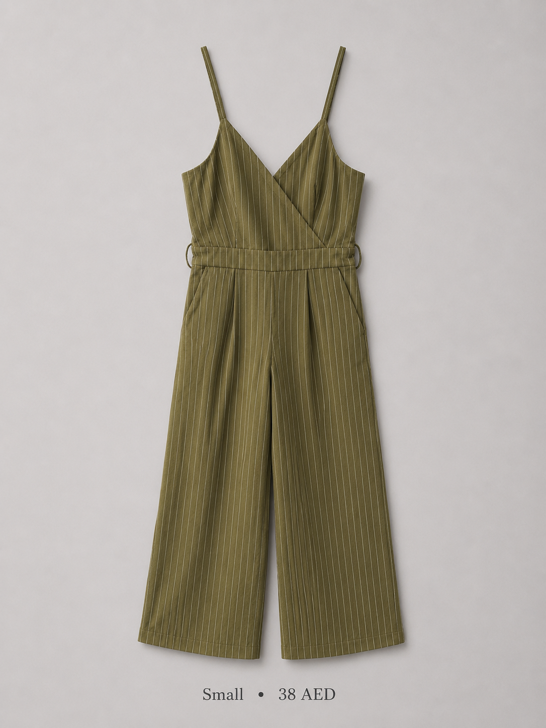 Pinstripe V-Wrap Spaghetti Strap Wide-Leg Jumpsuit in Olive Green