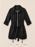 H&M Belted Button-Front Anorak Jacket – Small, deep black with ruched yoke and polka-dot placket lining