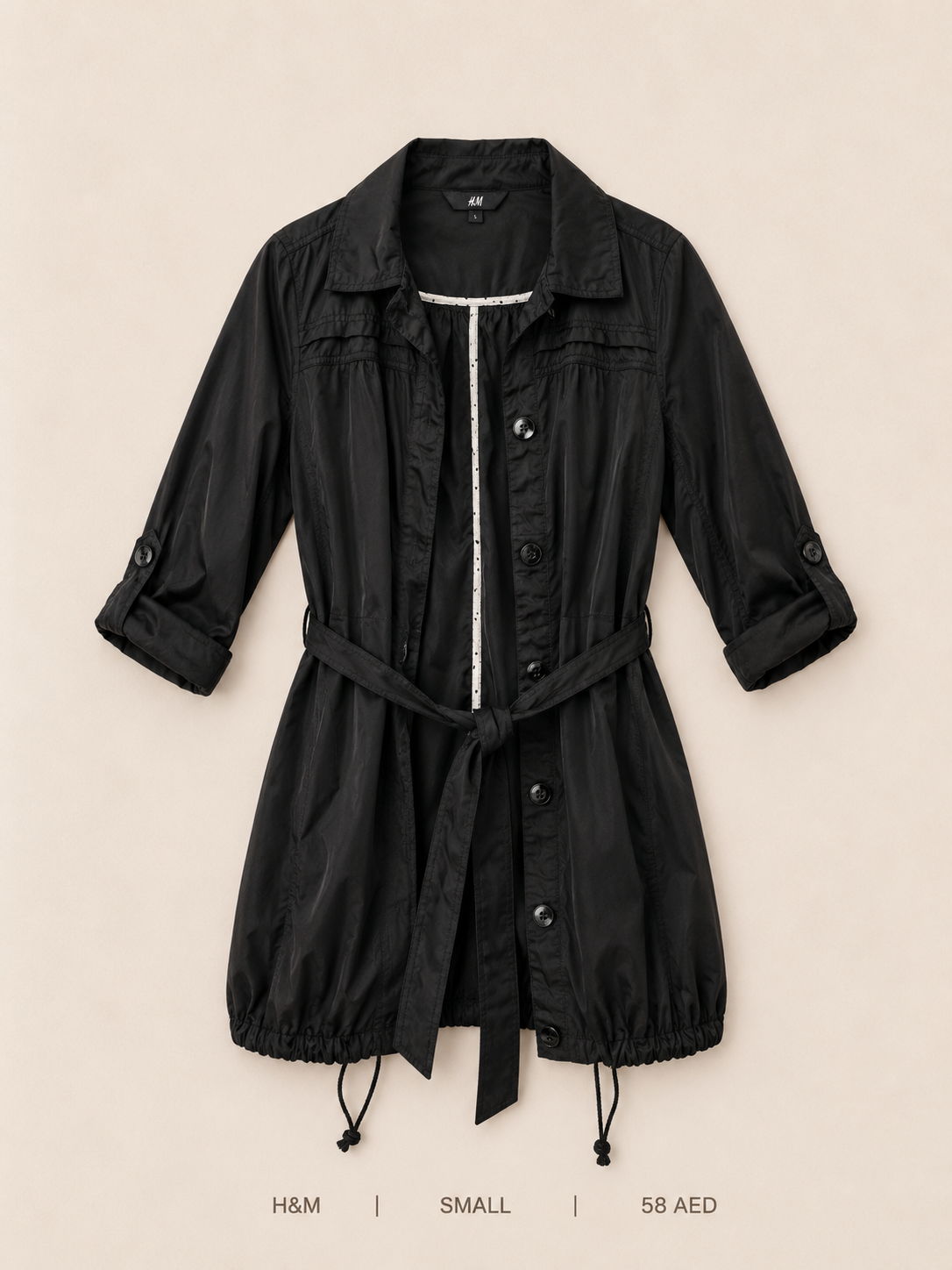 H&M Belted Button-Front Anorak Jacket – Small, deep black with ruched yoke and polka-dot placket lining
