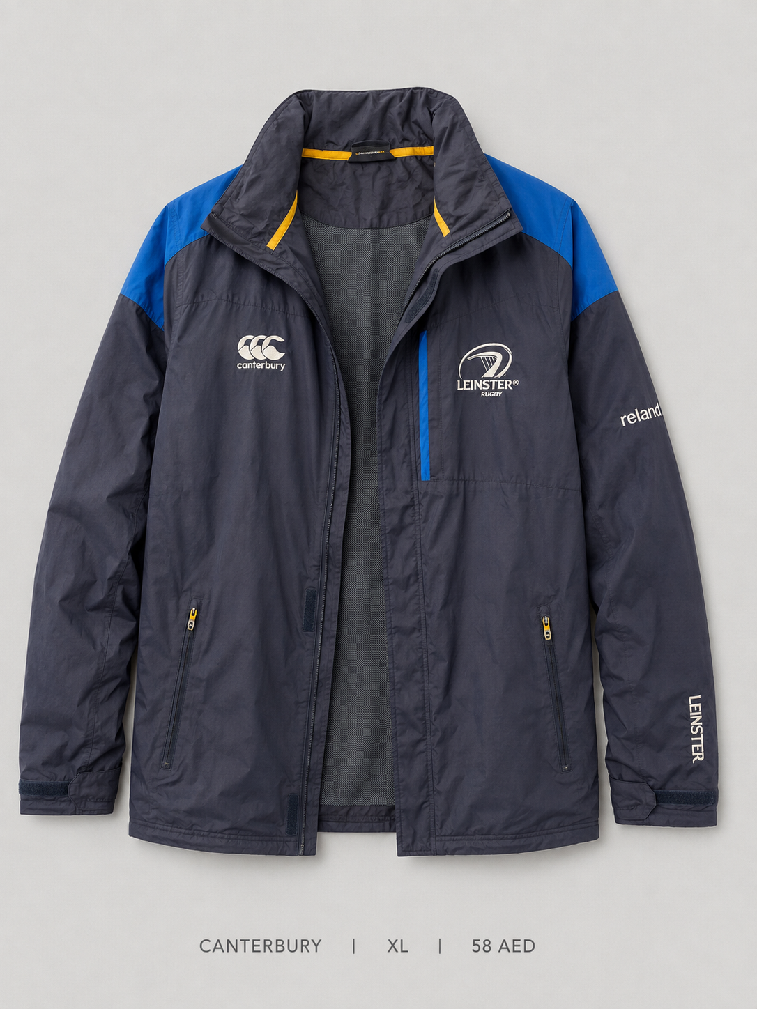 Canterbury Leinster Rugby Shell Jacket – XL, charcoal grey with cobalt blue gold colourblock and embroidered crests