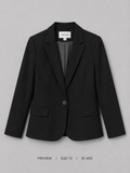 Preview Single Button Blazer – Size 10, black notched lapel with flap pockets and satin lining