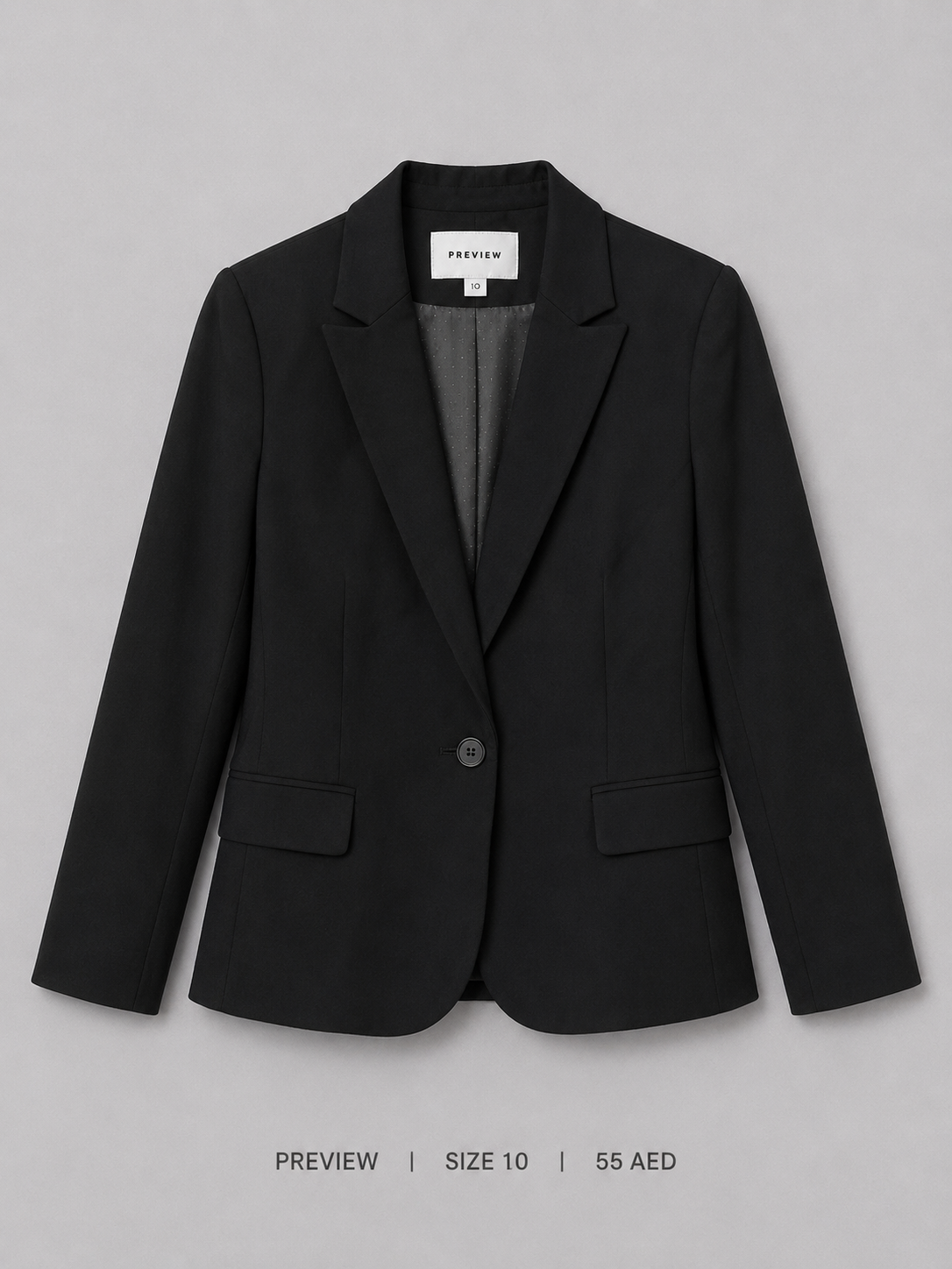 Preview Single Button Blazer – Size 10, black notched lapel with flap pockets and satin lining