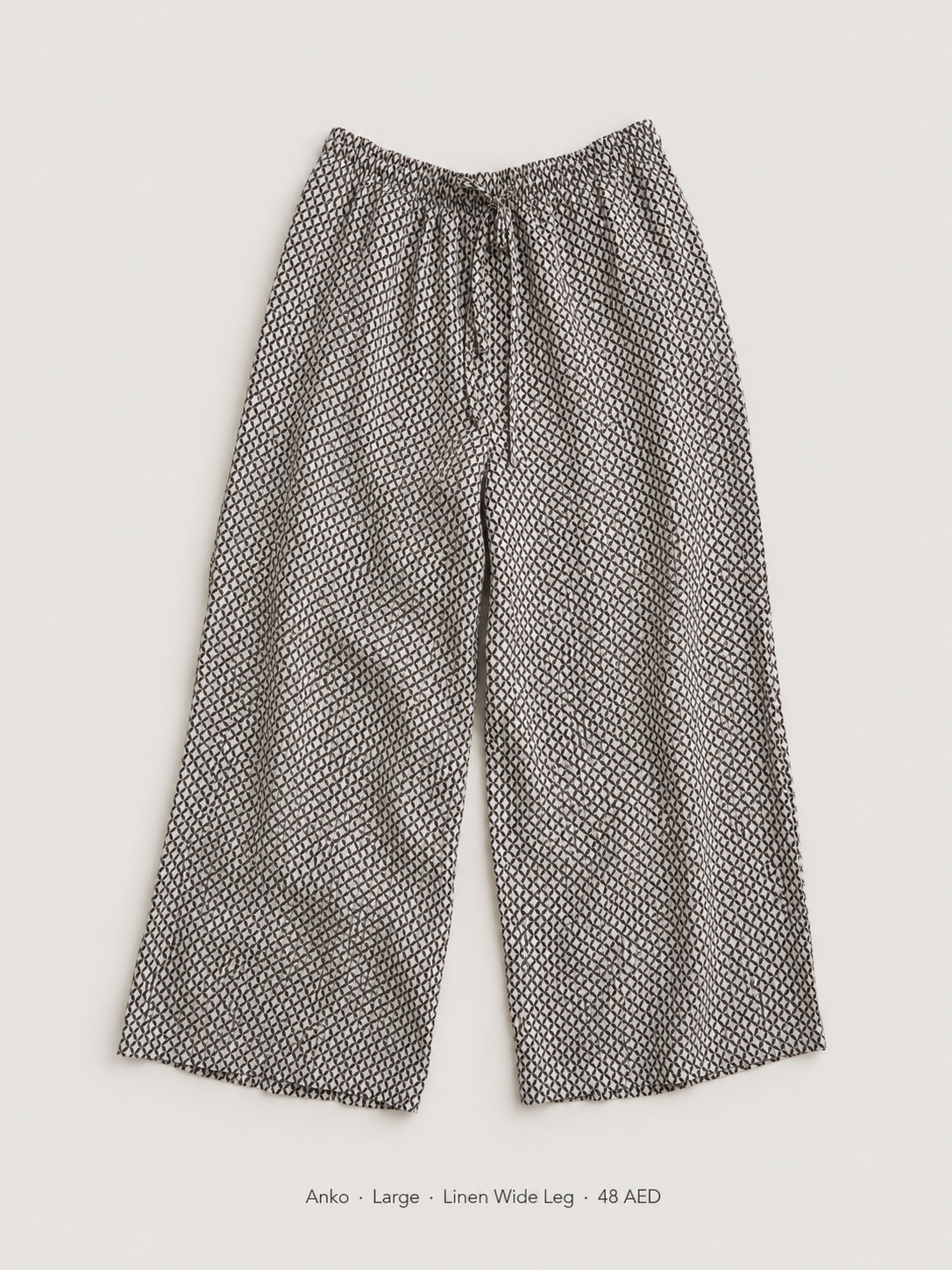 Anko Linen Wide Leg Trousers – Large, black and white geometric diamond print with drawstring waist