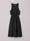 Black Linen Cut-Out Waist Midi Dress
