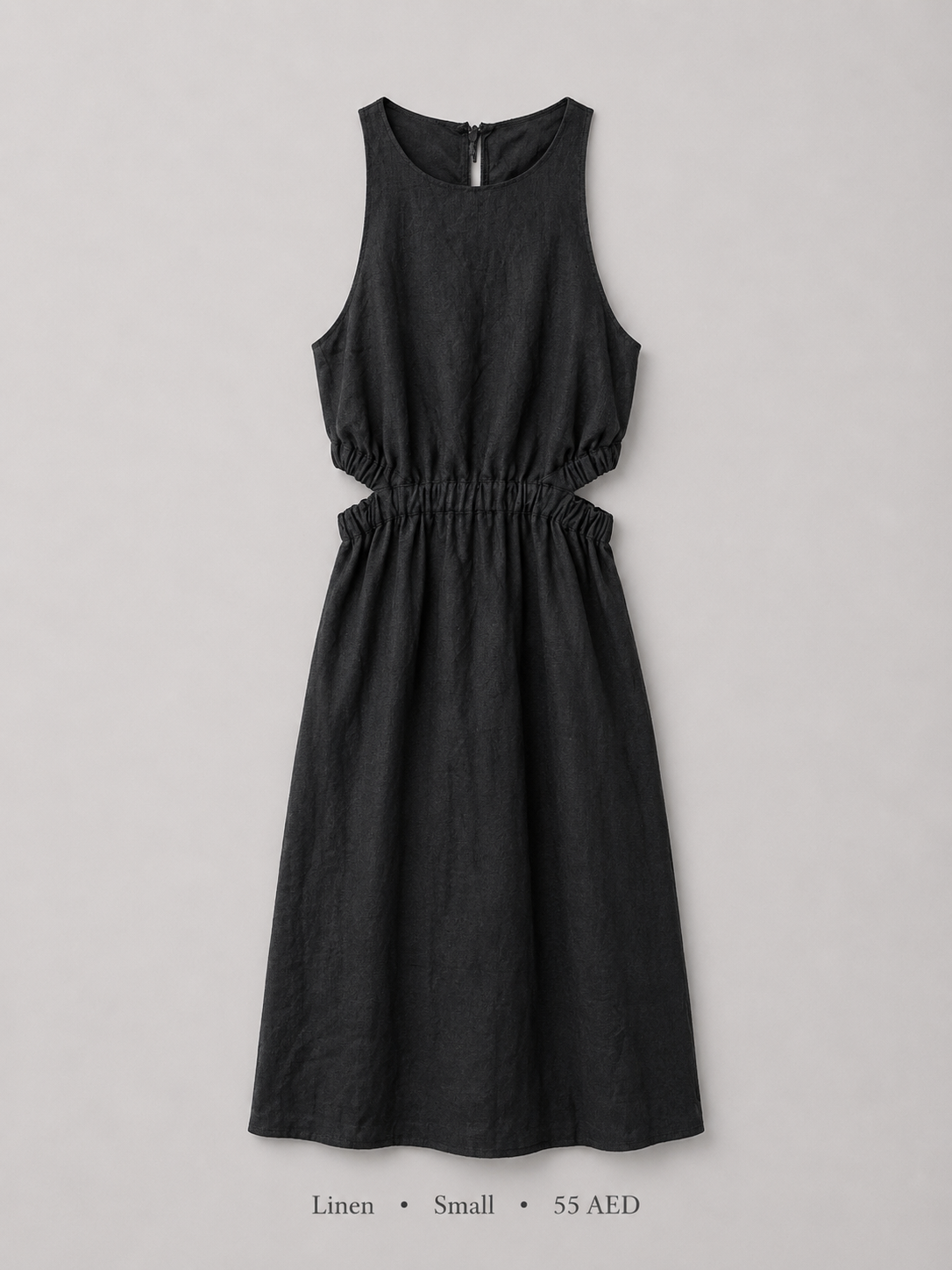 Black Linen Cut-Out Waist Midi Dress