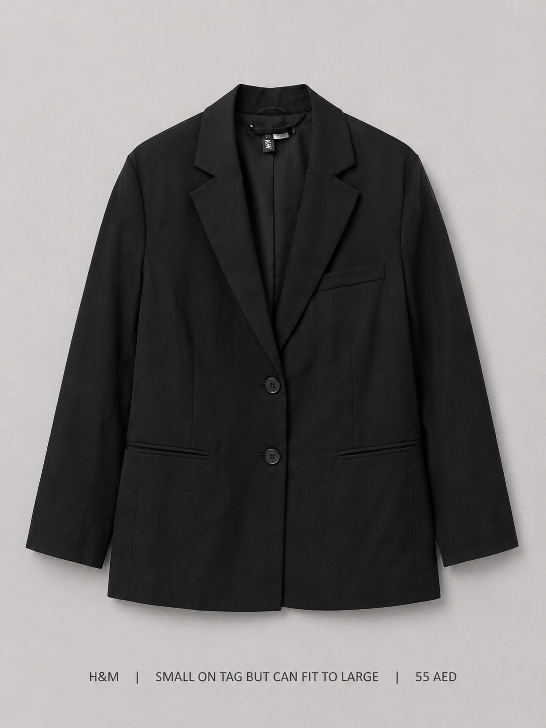 H&M Two-Button Oversized Blazer – Small on Tag Fits Large, black wide lapel with welt pockets