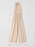 Deep V Halter Smocked Waist Wide-Leg Jumpsuit in Cream